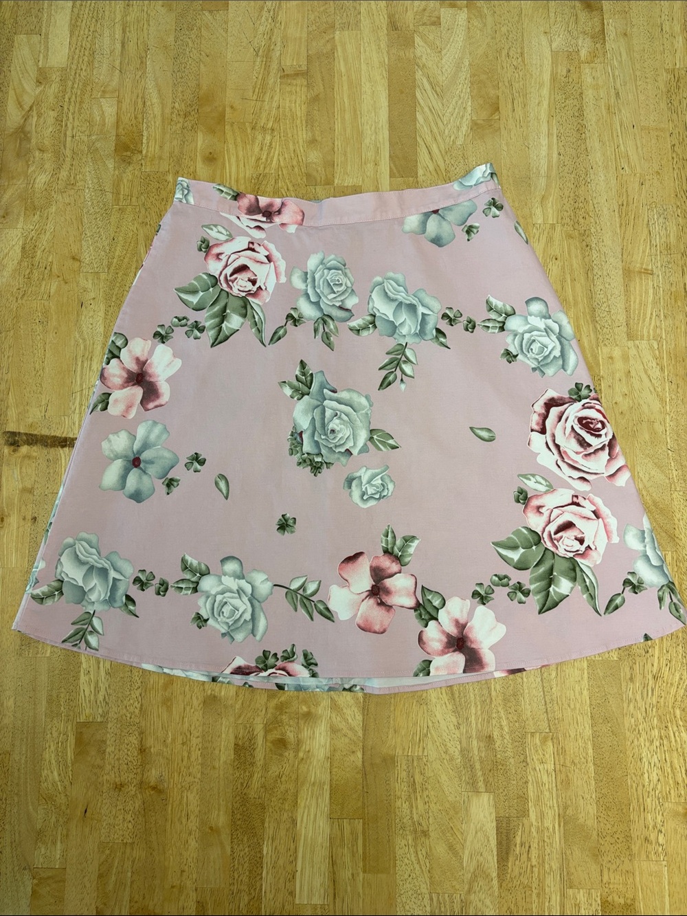 Kahala Pink Rose Floral A-Line Flare Skirt M Cotton Spandex Stretch Summer Boho